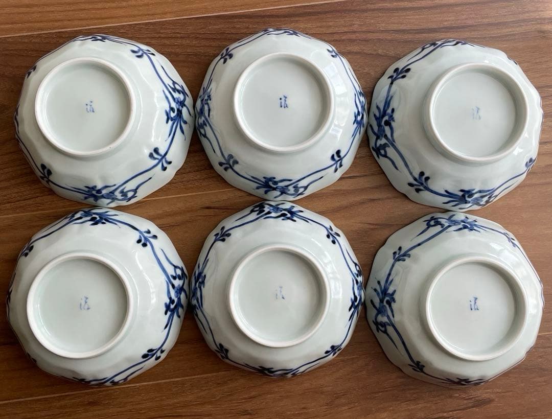 新品 岩永浩 芙蓉手草花文輪花向付 14.5cm 6個セット 染付 有田焼