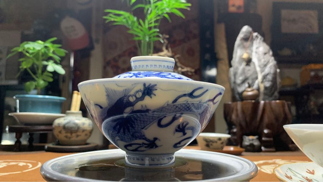 アンティーク　在銘　上品な龍紋　伊万里　染付お椀　茶碗　中国茶蓋付お碗　茶道具