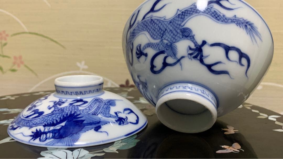 アンティーク　在銘　上品な龍紋　伊万里　染付お椀　茶碗　中国茶蓋付お碗　茶道具