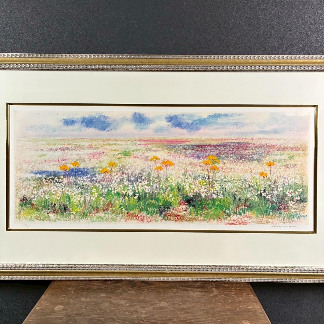 美品 ナターレ・アダミアーノ「白い花畑」リトグラフ 直筆サイン入り お洒落な額装