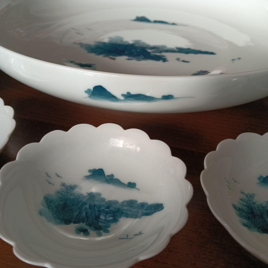 伊万里 鍋島焼 畑萬陶苑 楼閣山水図 大皿 31cm 小皿 セット 山水 風景