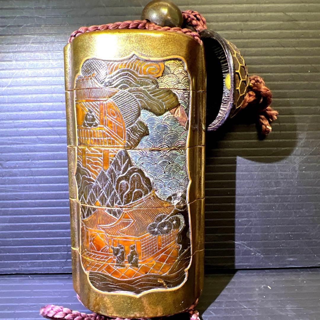 江戸時代　本鼈甲螺鈿象嵌五段印籠　61g 東Y7-1016☆2Fトルニ