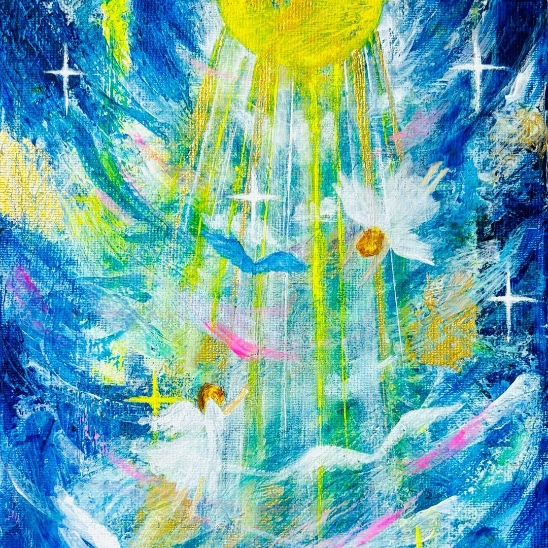【降り注ぐ金色の光】,天使,angel,空,青空,光,ブルー,青,青い鳥,抽象画