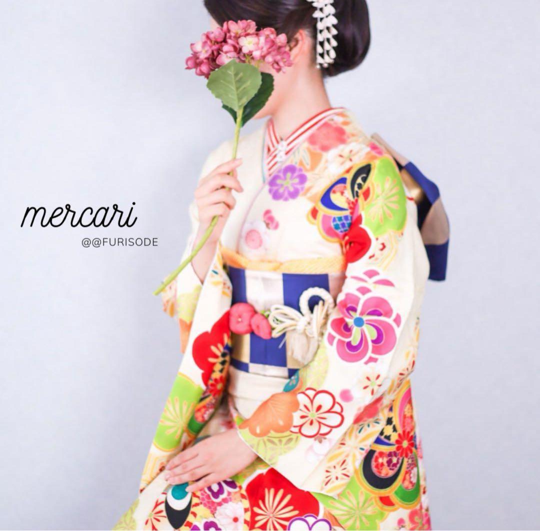 松竹梅　クリーム　振袖　成人式　フルセット