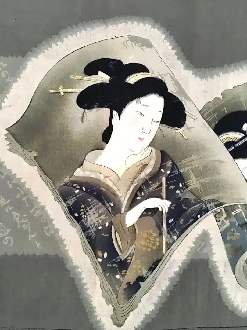 浮世絵美人画 男物長襦袢 江戸の風情 手描き時代物 Antique Ukiyoe