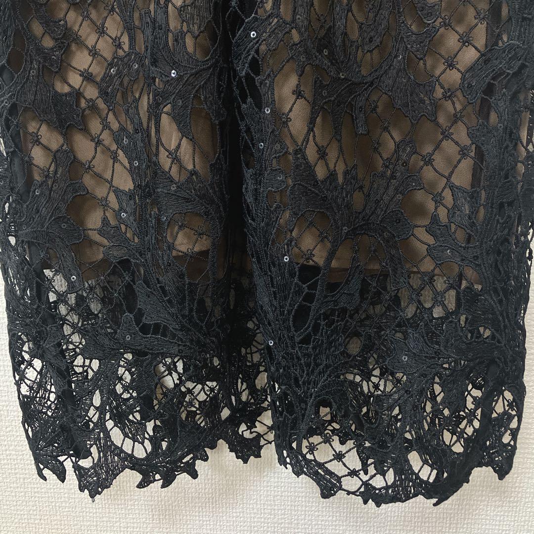 完売品　人気　レジャ　シアーレースパフスリーブスリットIラインドレス　S