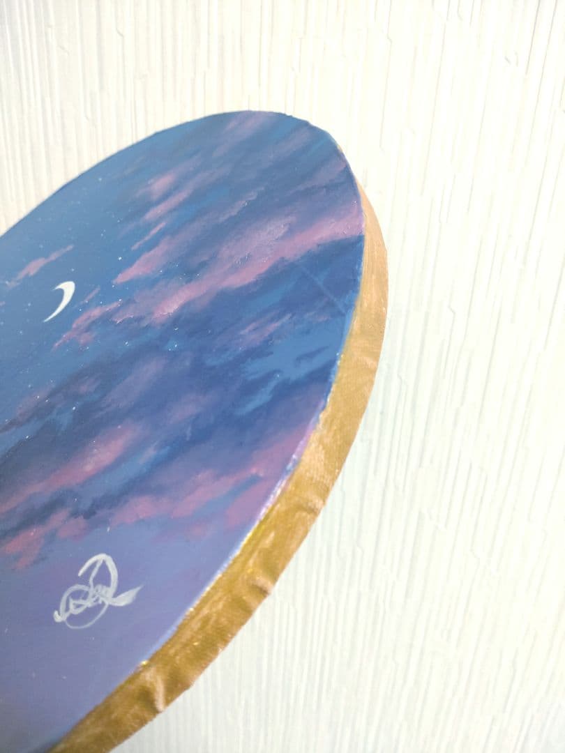 空の油絵【今宵の紅】1点物の原画◆作者サイン入り/円型キャンバス油彩画