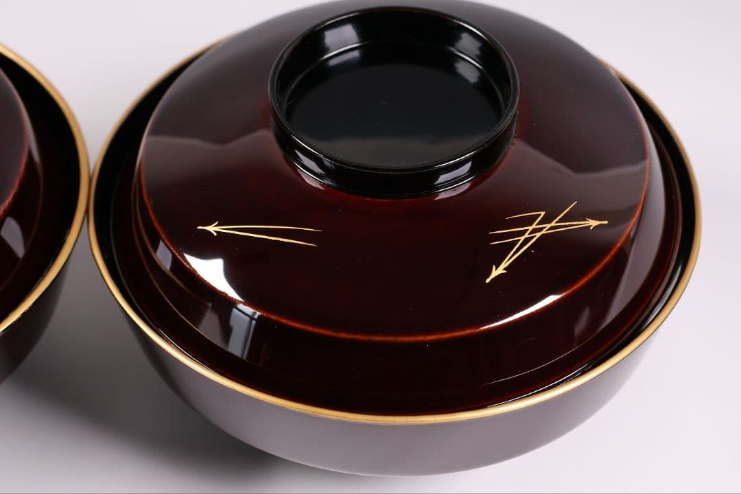 【CM378】大正期 月と松 飛翔鶴 金蒔絵 欅地溜塗 黒塗 椀二客 木製漆器