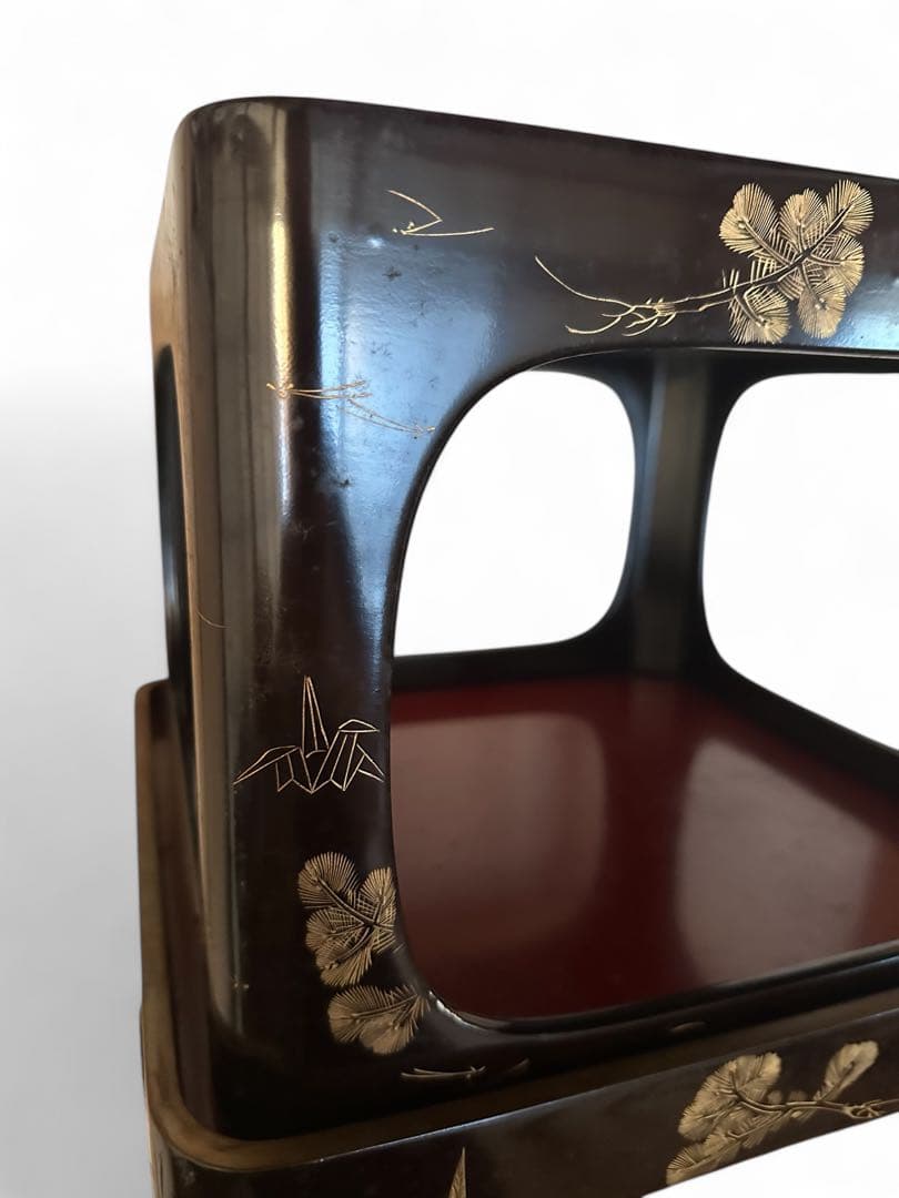 輪島塗 脚付膳 入れ子　５客 明治期 廣盆 漆器 蒔絵 黒朱塗沈金 漆塗