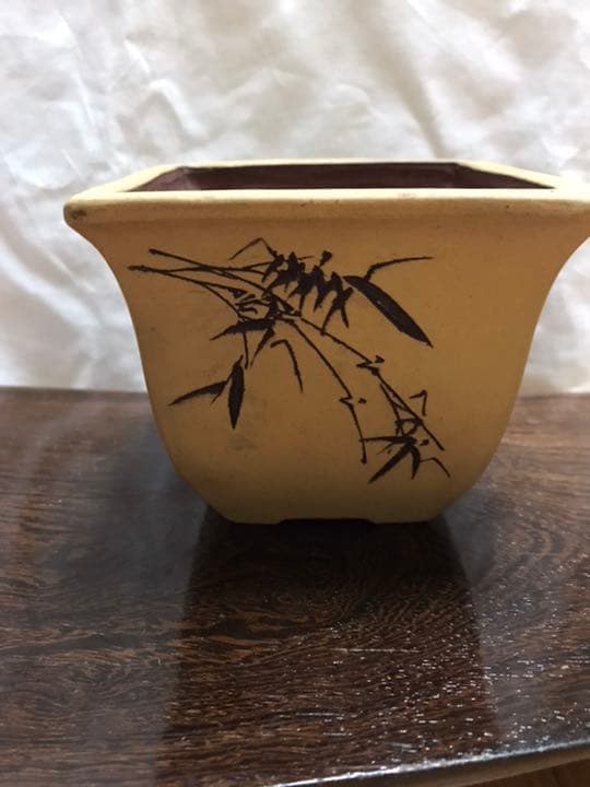 盆栽鉢　時代小品盆栽鉢白正方鉢梅図竹図中国