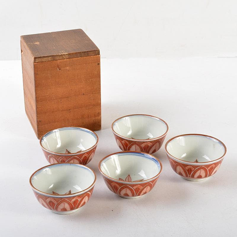 煎茶道具　九谷焼　古九谷　赤絵金彩　椛文　煎茶器　五客　時代箱付　V　R6018