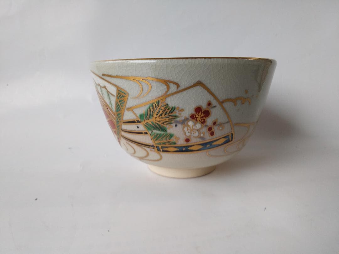 京焼 松香窯 加藤松香 作 仁清 扇面流し 共箱 茶道具 抹茶碗 新品 未使用