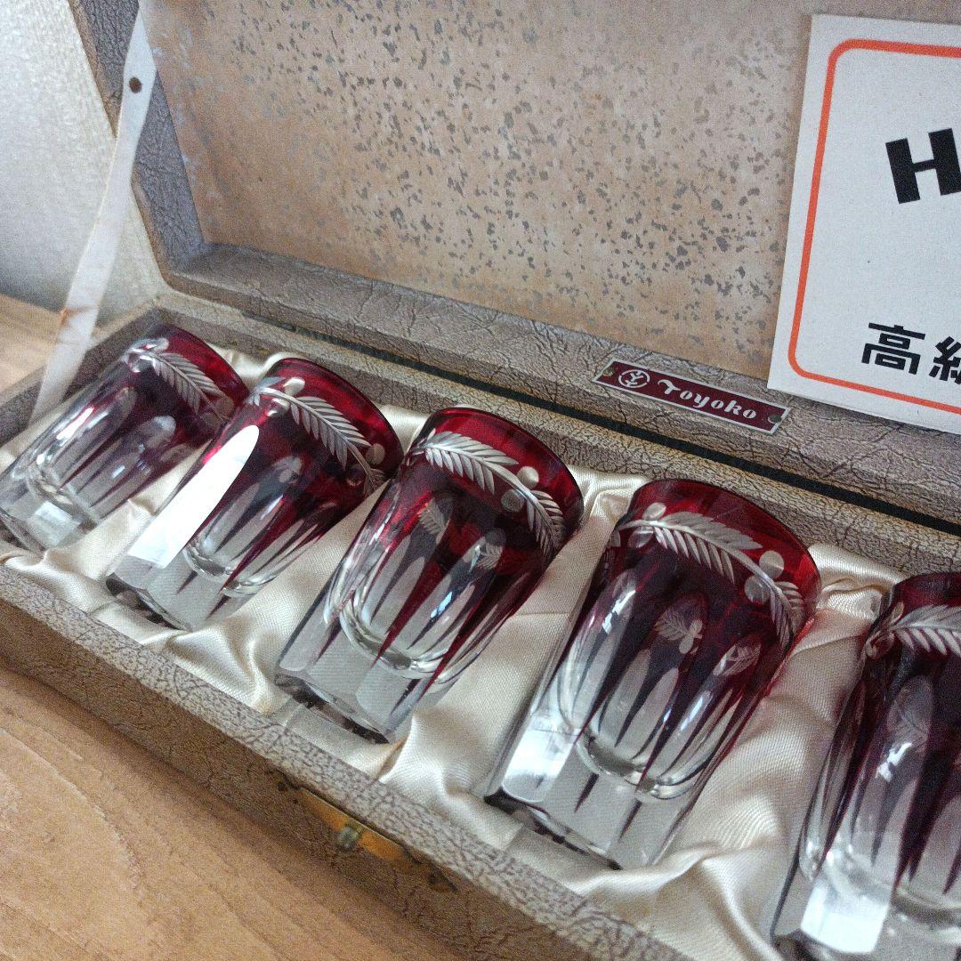 【昭和アンティーク】江戸切子（赤被せ）ショットグラス6個セット