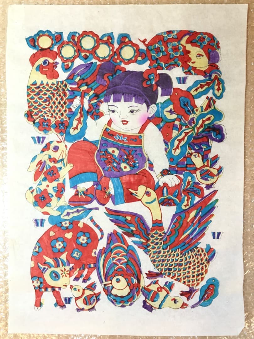 【縁起物】動物と少女の色鮮やかな版画　版画 中国 年画 春節 節句 旧正月