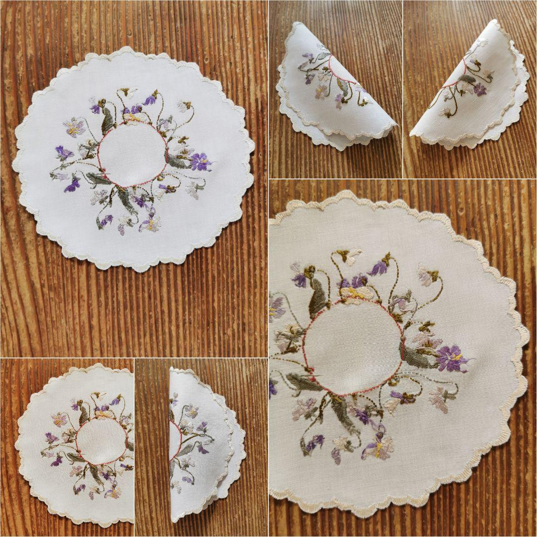 アンティーク ソサイエティシルク刺繍 3色菫 ヴィオラ リネンスカラップドイリー