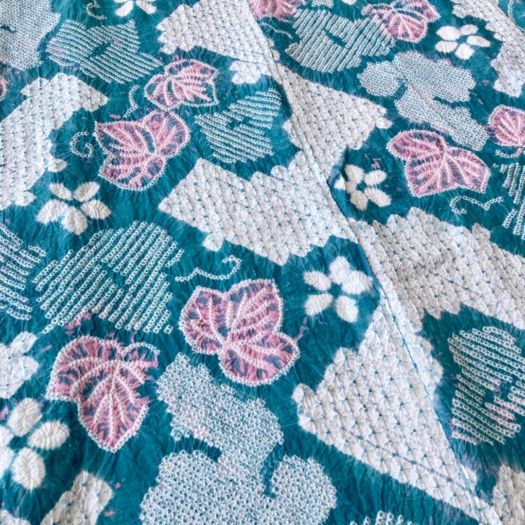 ★ ヨル★青緑色 身丈150 有松絞り 絞り浴衣　総絞り NO32