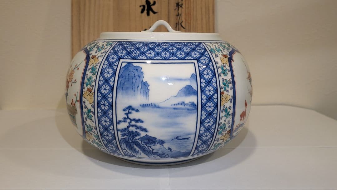 『館林貞夫』古琳庵窯　間取山水　水指　茶道具　共箱共布栞略歴　色絵　柿右衛門様式