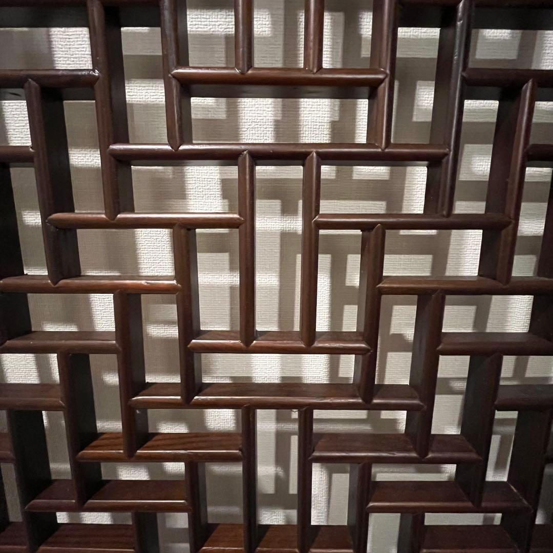 幾何学模様の木製壁掛けパネル　中国欄間　アンティーク家具　アジア