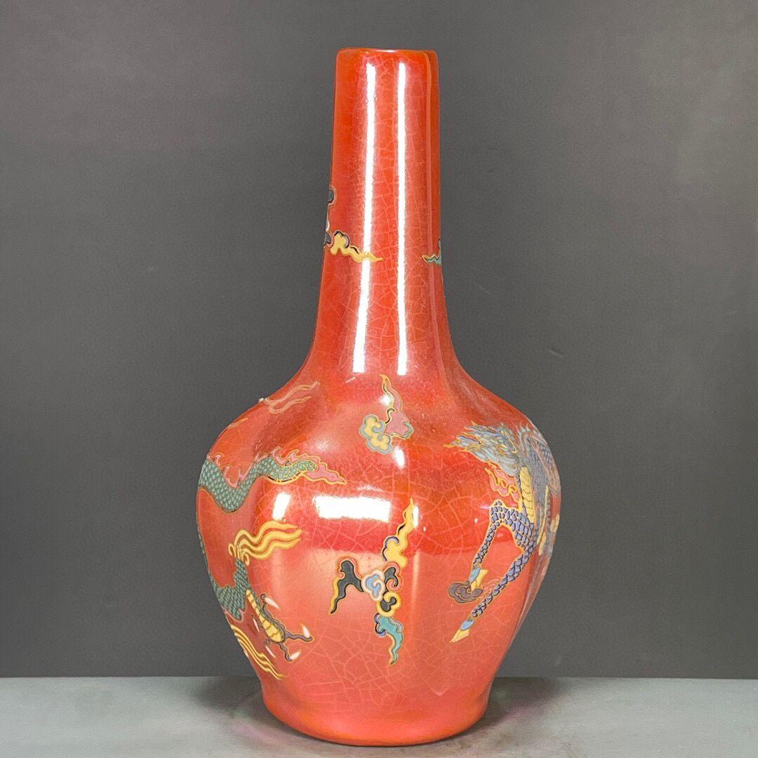 宋清涼寺七彩龍紋瓜稜夜光磁の花瓶 景徳鎮 陶磁器 装飾品 現代工芸品美術品 置物