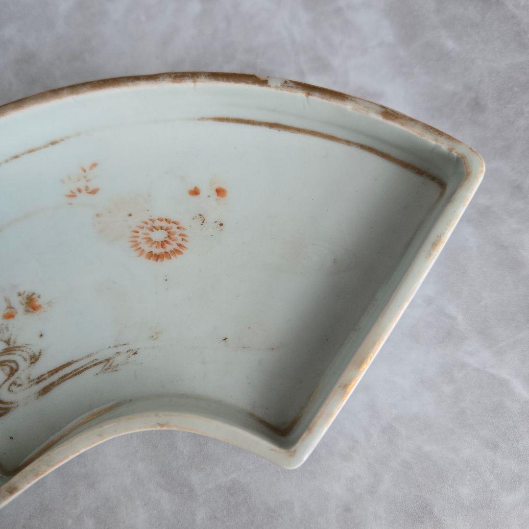 古伊万里　金彩　赤絵　扇面型皿　菊花流水　江戸中期　変形皿　骨董　アンティーク