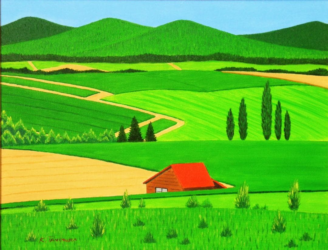 ★美瑛・新緑の丘・肉筆油彩画・F6キャンバス