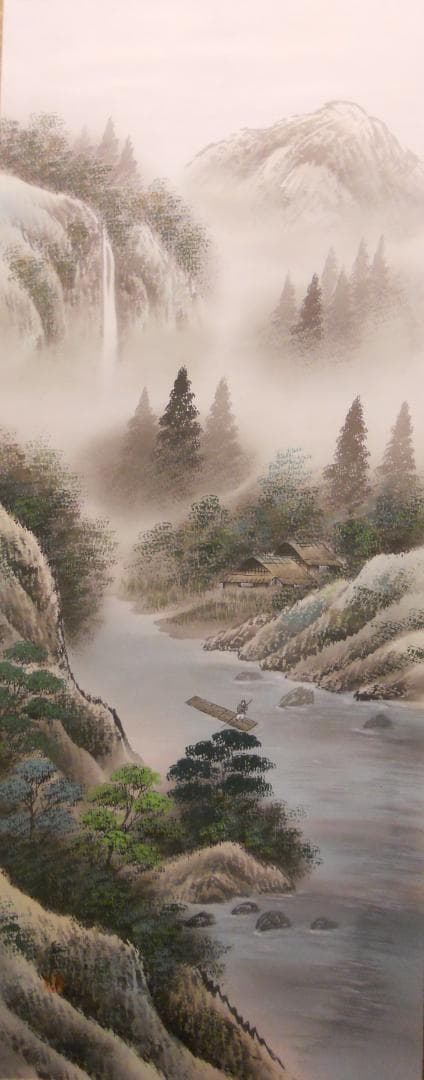 掛け軸 春光 彩色山水 絹本 希少 軸装 茶道具 掛軸 美品 です。