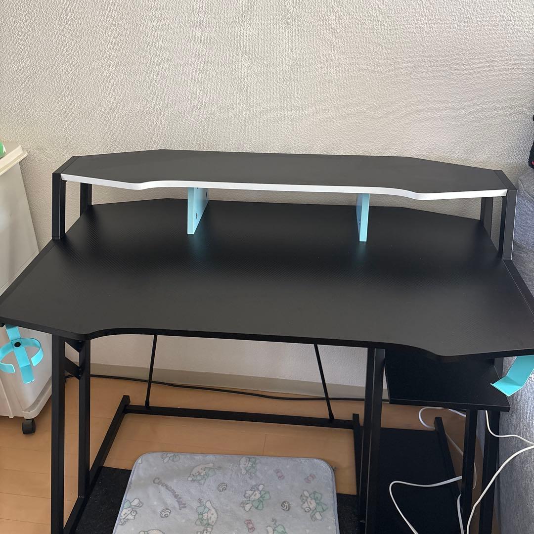 二段式ゲーミングデスク 黒×水色　ドリンクホルダー　ヘッドホンかけ付き