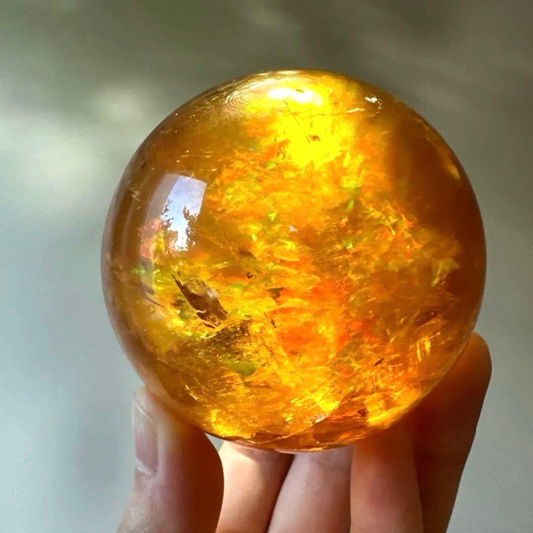 高品質　カルサイト　ゴールデンカルサイト　スフィア　琥珀　6.6 虹　ハニー