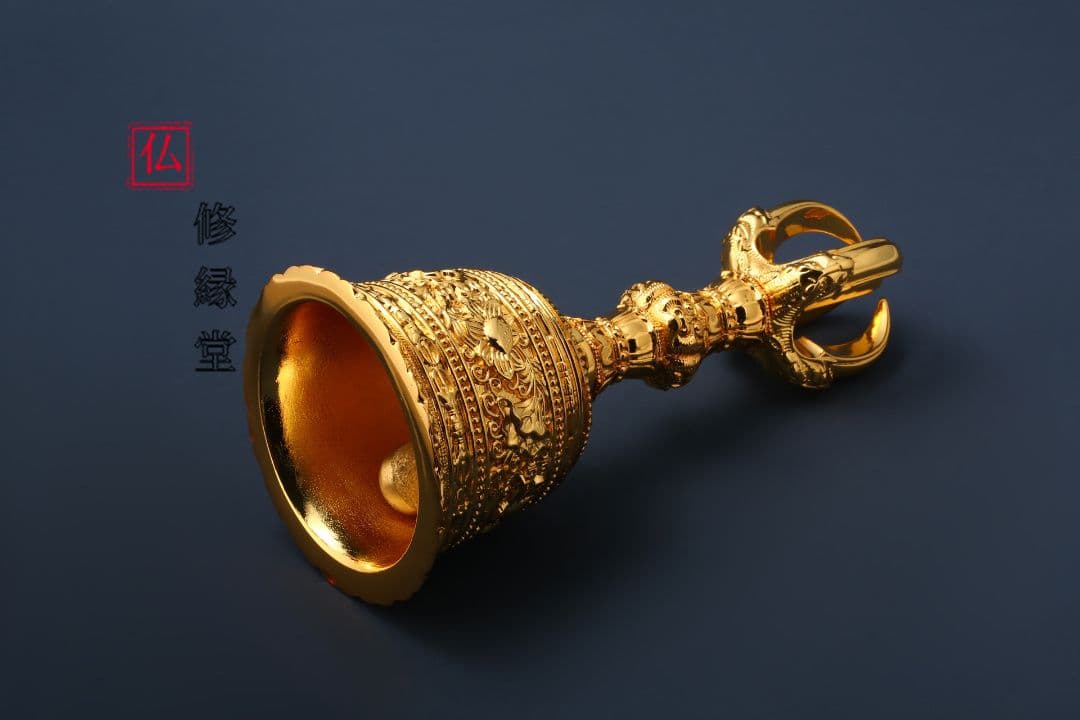 【修縁堂】密教法具古美術品 鬼面五鈷蓮金剛鈴 チベット密教 高さ18.5cm