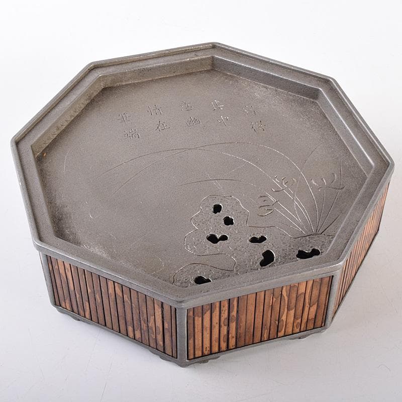 中国　古銅　漢詩花刻　斑竹細工　八角香炉　在銘　U　R7587