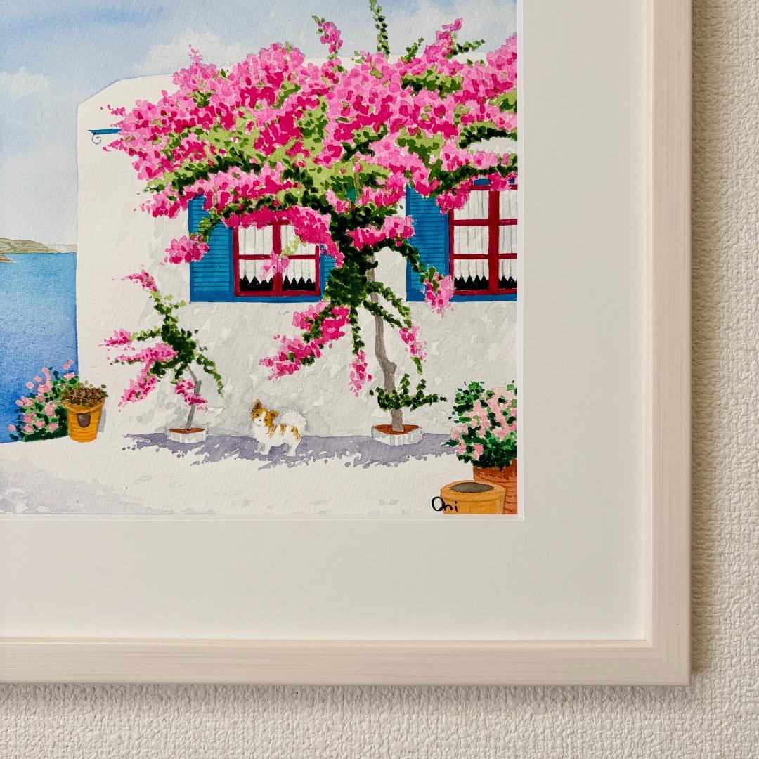 透明水彩画　原画　「エーゲ海とブーゲンビリア01」額縁付き　F4サイズ　風景画