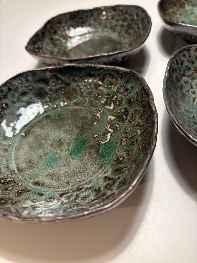 京都清水焼　森陶房　銀化三島四方皿　4脚組