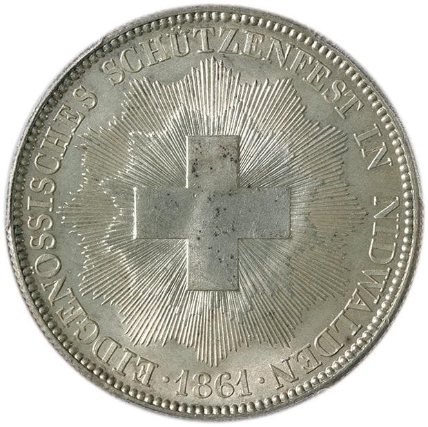 スイス ニトヴァルデン 5フラン銀貨 1861年 PCGS MS63 射撃祭