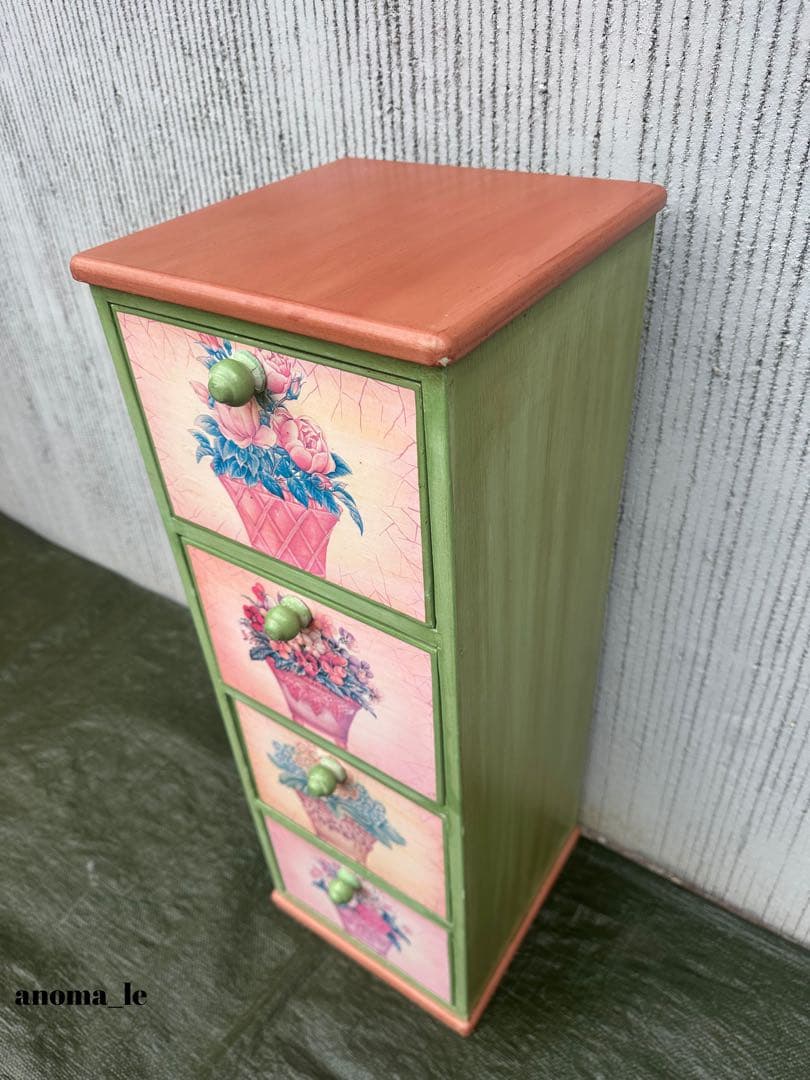 5005【チェスト】木製　花柄　トールペイント　収納　花台　アンティーク◎