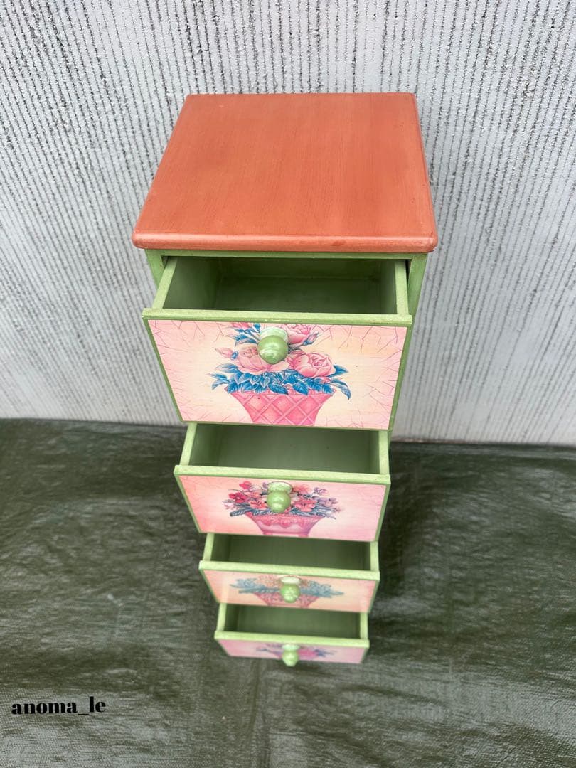 5005【チェスト】木製　花柄　トールペイント　収納　花台　アンティーク◎