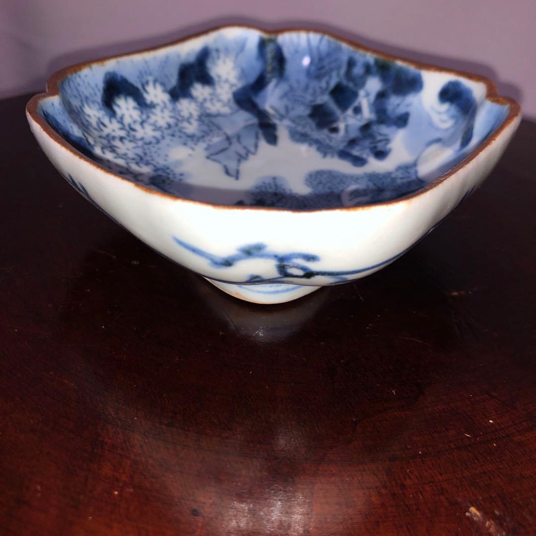 古伊万里染付　桜花楼閣山水文隅入菱形皿　型紙擦り