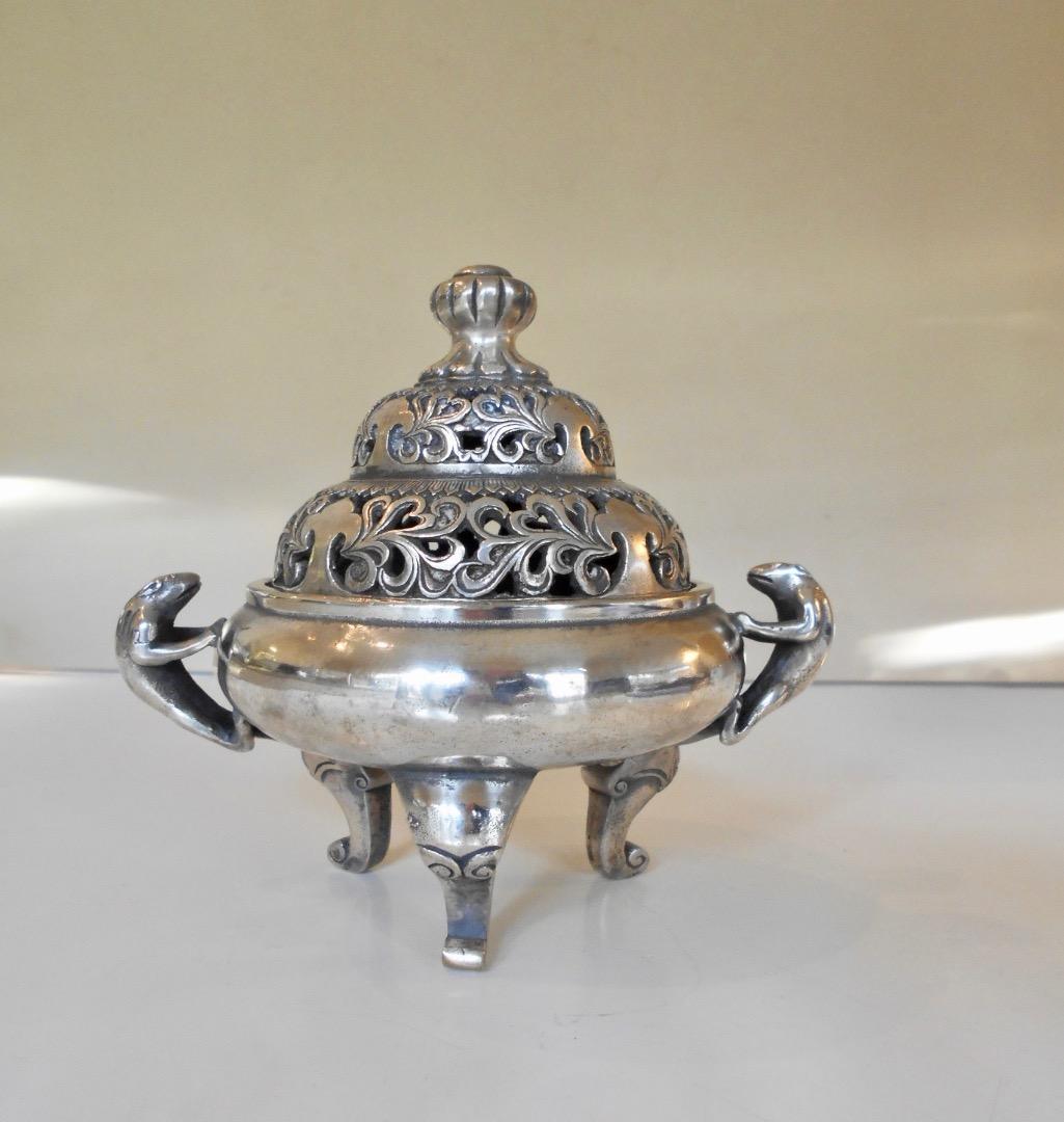 銀製の香炉！中国装飾の豪華 白銅に銀メッキ 在銘あり 古もの