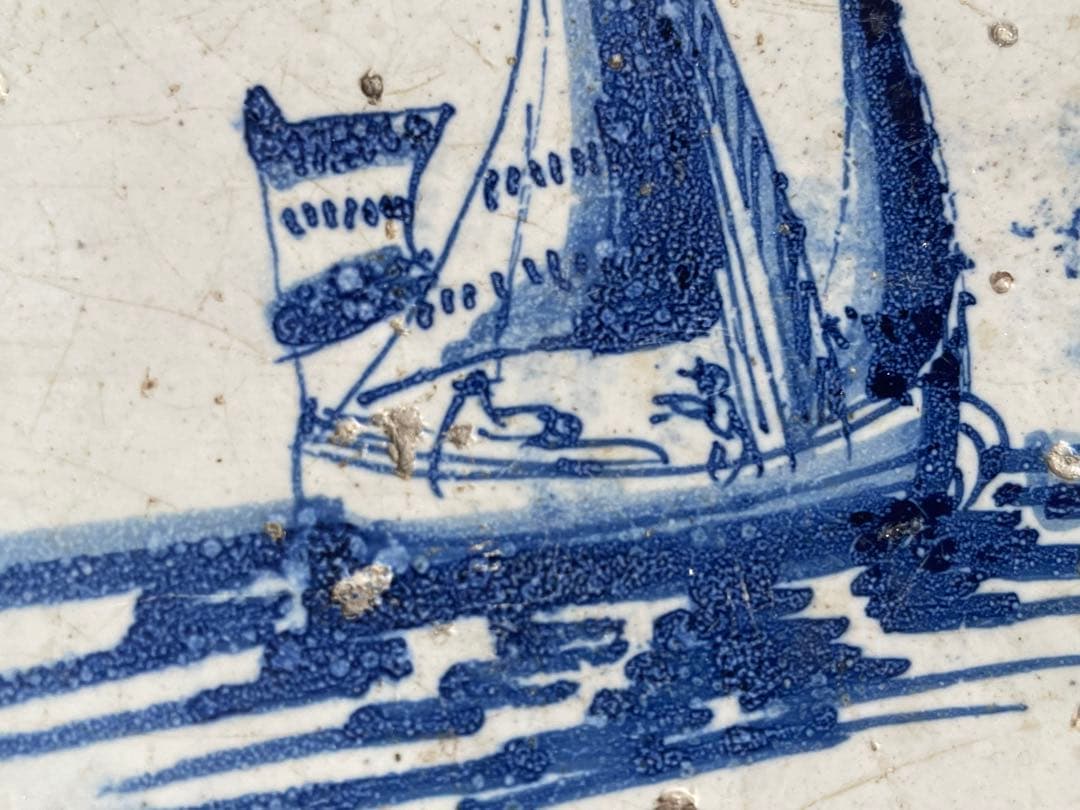 骨董　アンティーク　デルフトタイル　船文様　帆船　染付　17世紀　オランダ