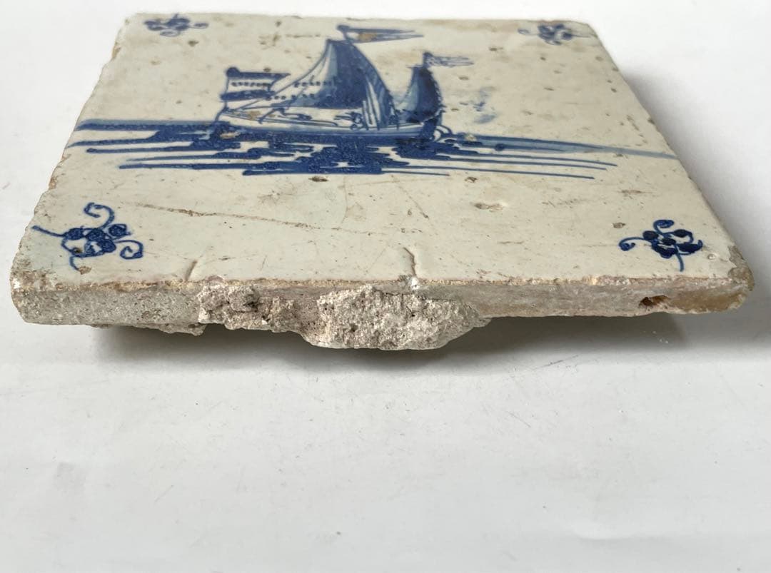 骨董　アンティーク　デルフトタイル　船文様　帆船　染付　17世紀　オランダ