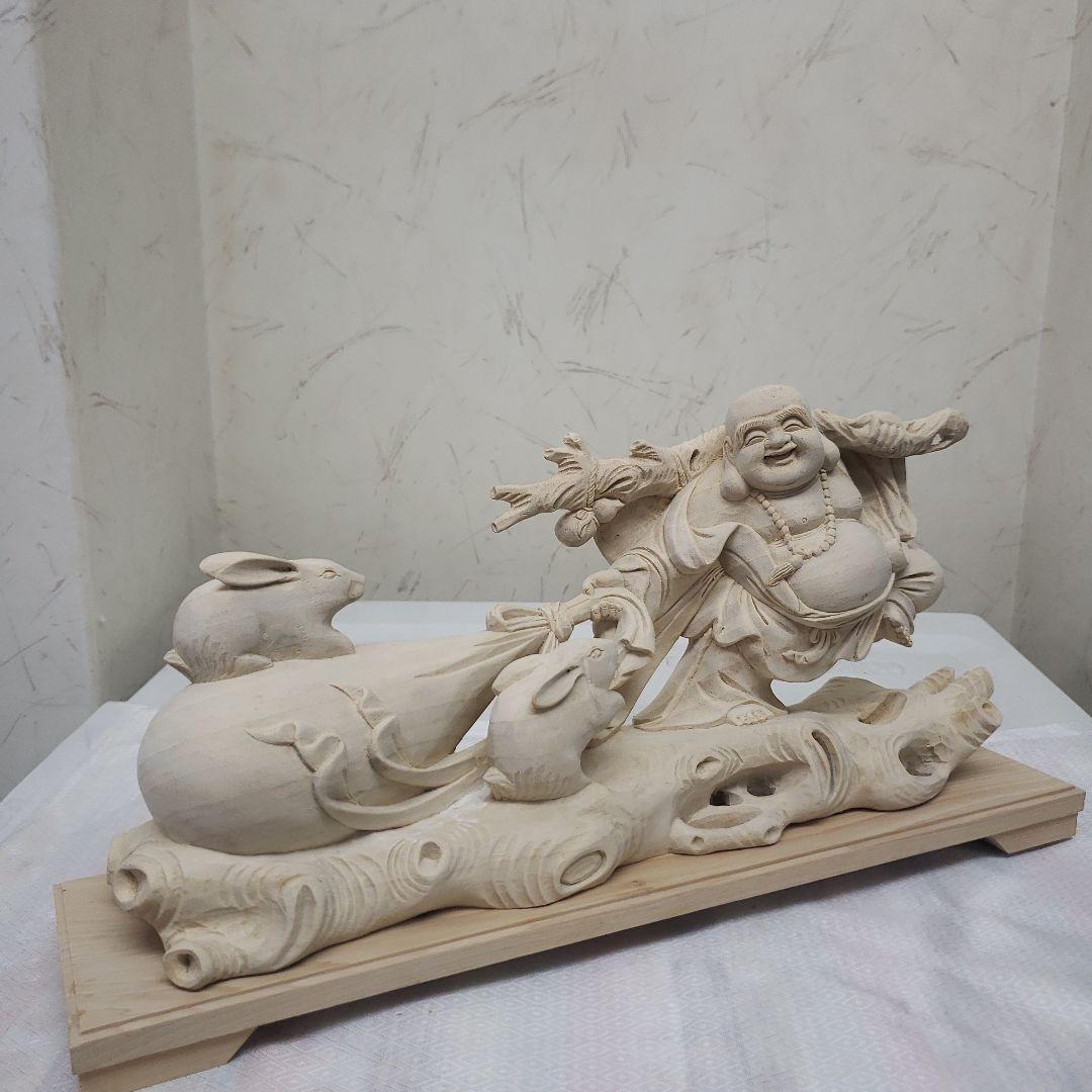 Ｂフライデー　蔵出し特価縁起物 七福神★楠材 布袋とうさぎ★福徳円満 子孫繁栄