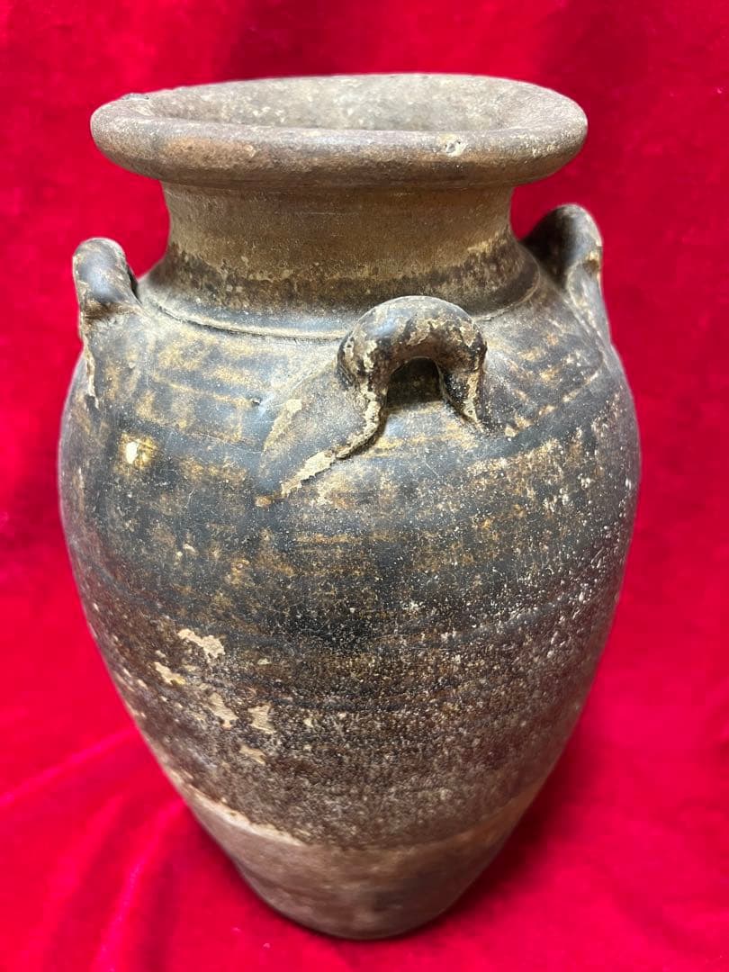 中国明朝青釉 四耳壺陶器 骨董品 時代物 高さ30cmx12cm整理品現状品のみ