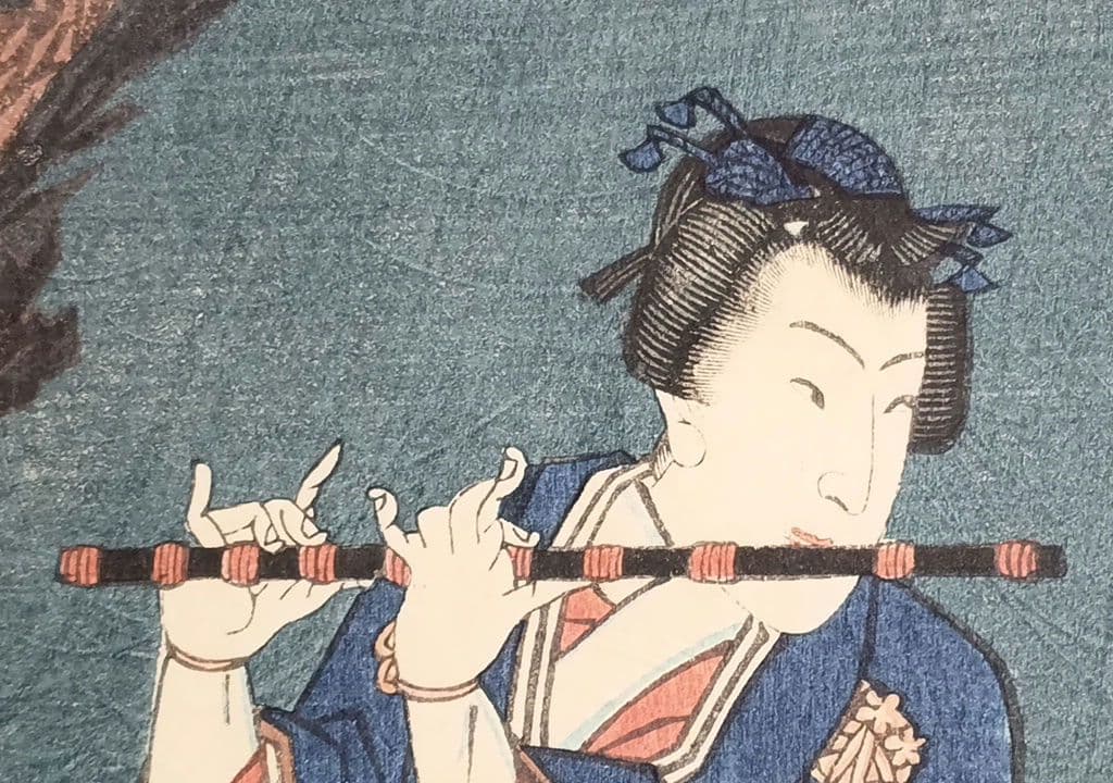 浮世絵版画、見立源氏琴碁書画之内遠音のあはせもの三枚綴り、三代豊国画元治元年出版