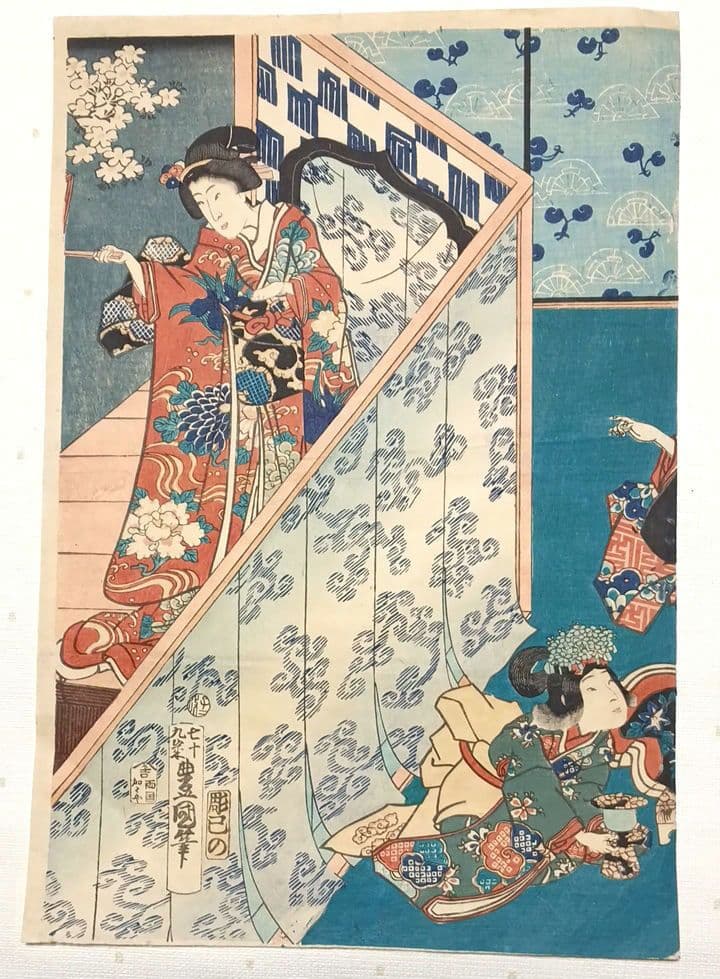 浮世絵版画、見立源氏琴碁書画之内遠音のあはせもの三枚綴り、三代豊国画元治元年出版