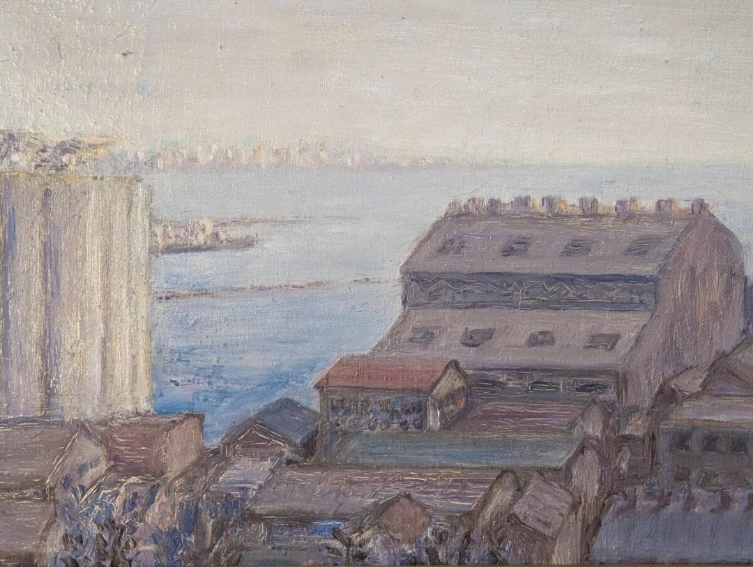 【真作】絵画　油彩4号　湾岸に佇む倉庫群　静謐な海辺の風景画　X144