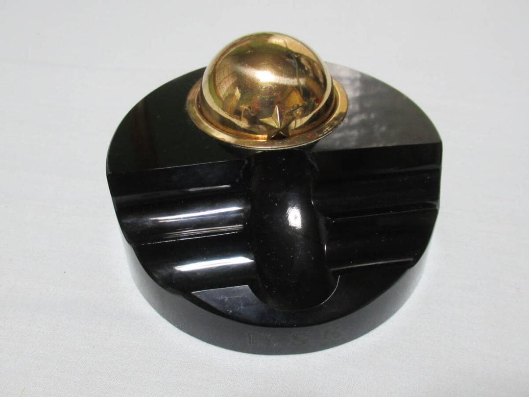 極希少◆鉄道省『日本食堂株式会社創立記念』黒ガラスと真鍮製 九〇式鉄帽 インク壺