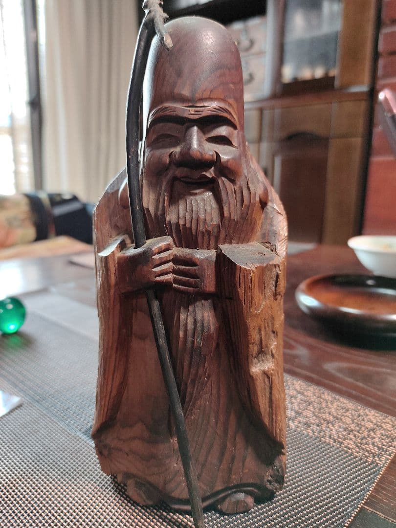 木製老人像 杖付き　七福神？　俊堂作