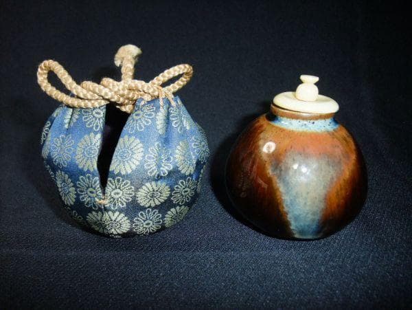 茄子茶入 仕覆付 「陶吉」 仕覆付（万葉花文） 茶道具 古美術