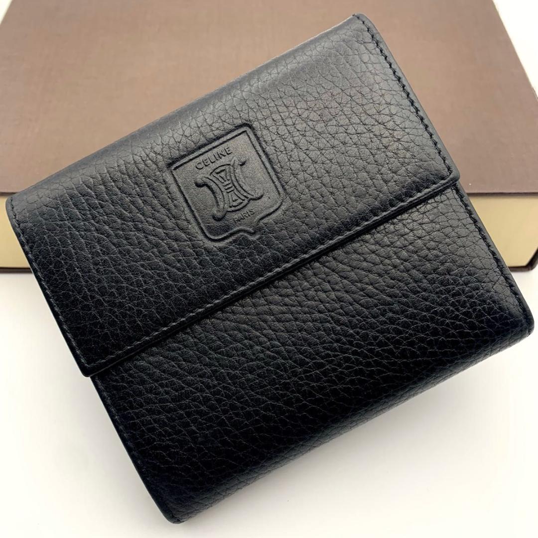 鑑定済み セリーヌ 三つ折り 財布 トリオンフ コンパクト ミニ レザー 革 黒