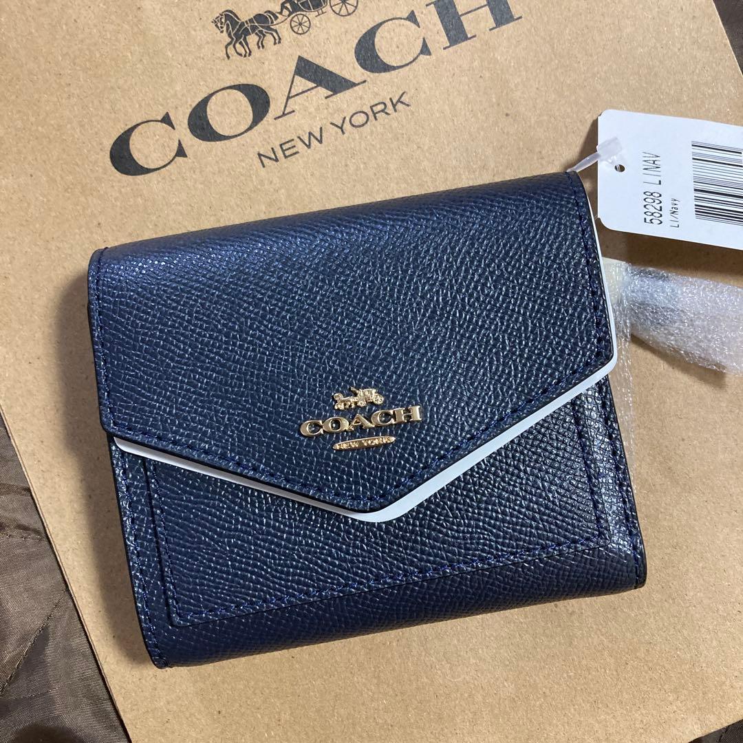 COACH ネイビー 三つ折り財布　正規品　コーチ　折財布　本革　男性にも！