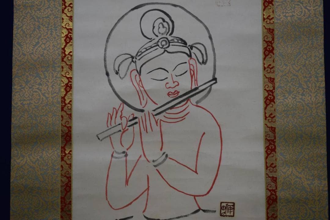 真作/菅原安男/薬師寺横笛仏画/桐共箱付/布袋屋掛軸HE-21